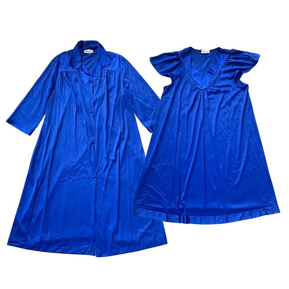 Vanity Fair Vintage Blue Satin Nightgown & Robe Set M | Made in USA, EUC - Picture 1 of 10